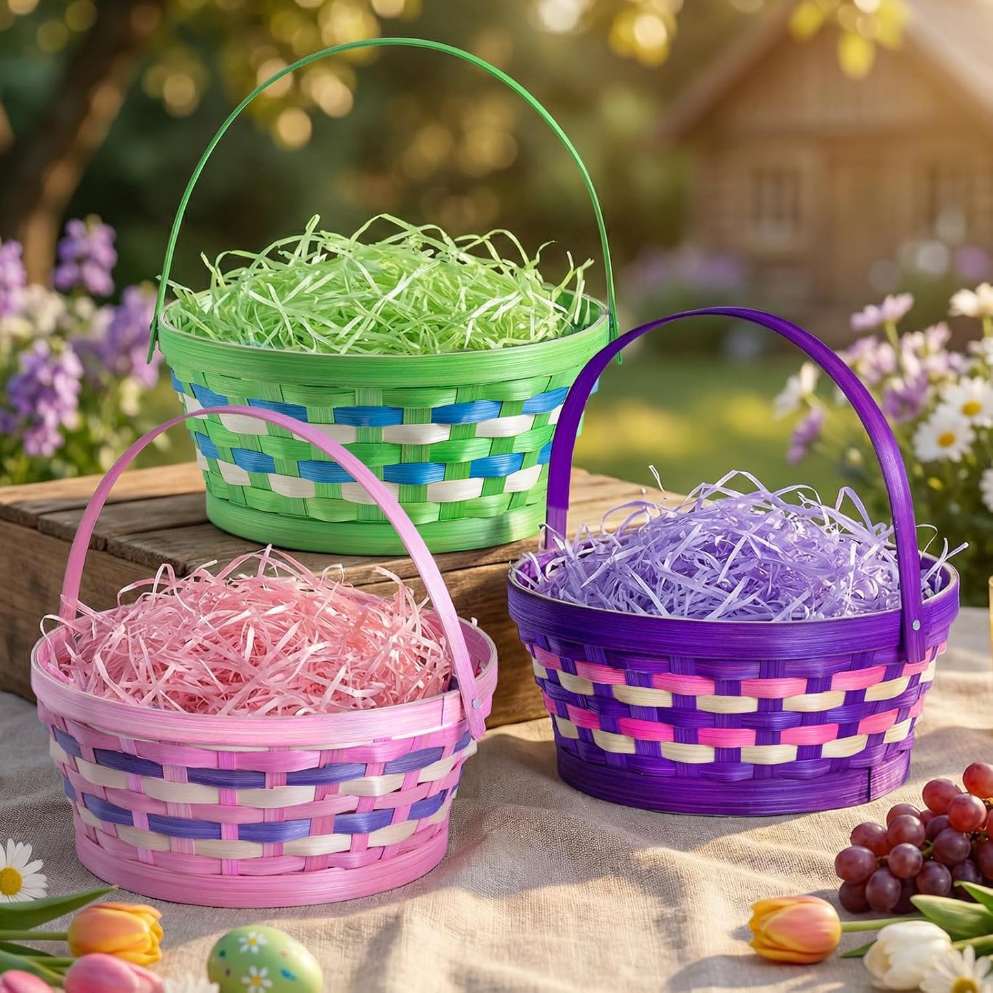 Lanpn Easter Bunny Basket 3 Pcs Paper Woven Set with Easter Grass Fillers Lightweight Reusable for Egg Hunt Candy and Spring Holiday Decoration Woven Basket (Pink White Yellow)