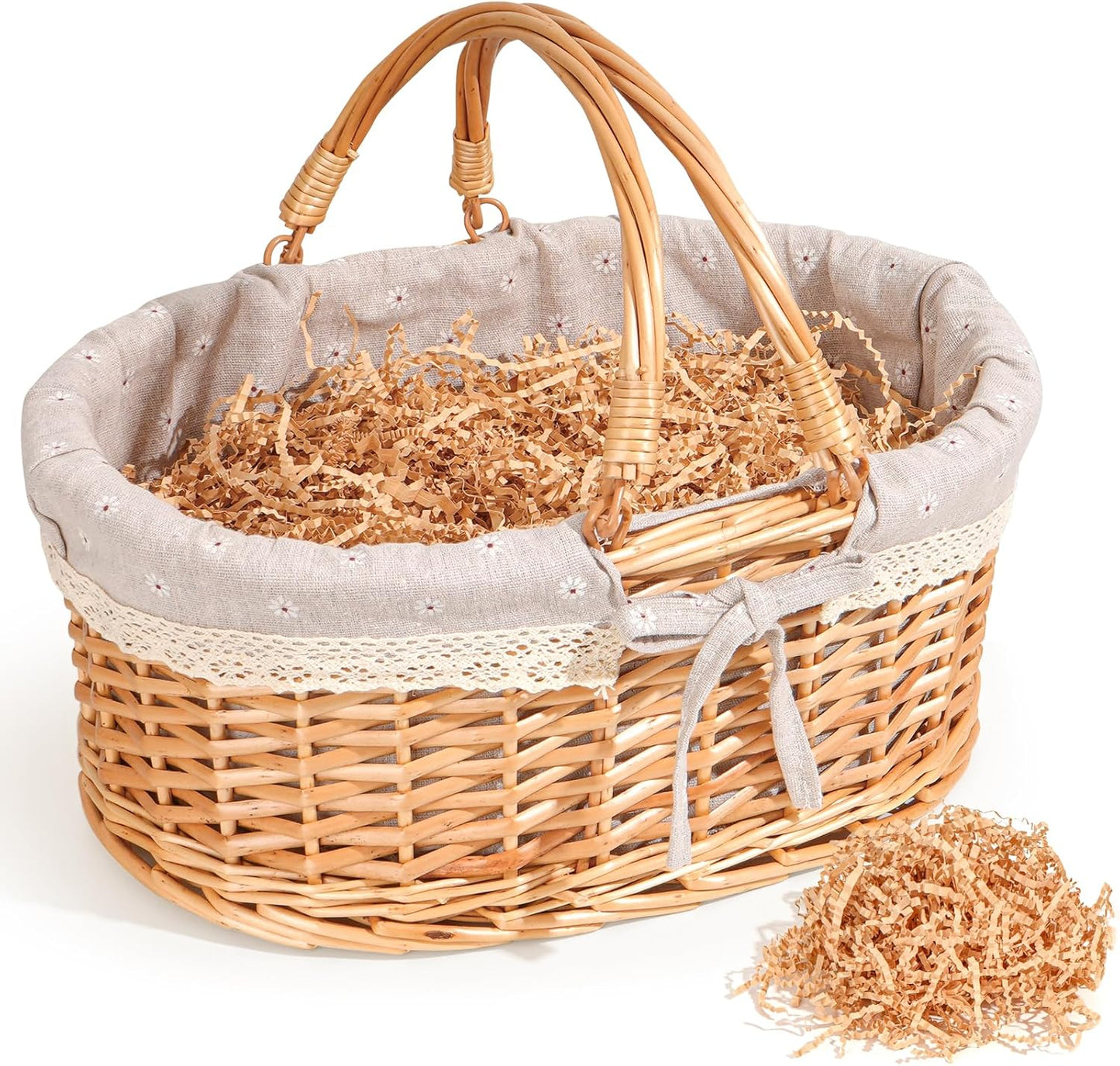 Easter Basket with Grass, 12 Plastic Eggs and Bunny Charm, Medium Oval Wicker Picnic Gift Basket with Lined Interior for Kids Egg Hunt, Candy, Toys, Spring Decor and Table Centerpieces, Blue Gingham