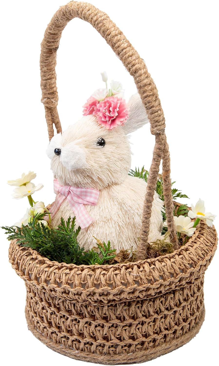 Cartanfill-Easter Bunny Basket Decoration with Flowers, Woven Jute Basket with Handle, Spring Decor with Pastel Eggs (E)