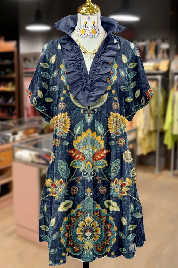 Retro Floral Print Ruffle Neck Midi Dress