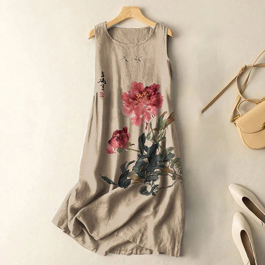 Dashingsoul Vintage Japanese Ink Flower Calligraphy Art Print Sleeveless Midi Dress