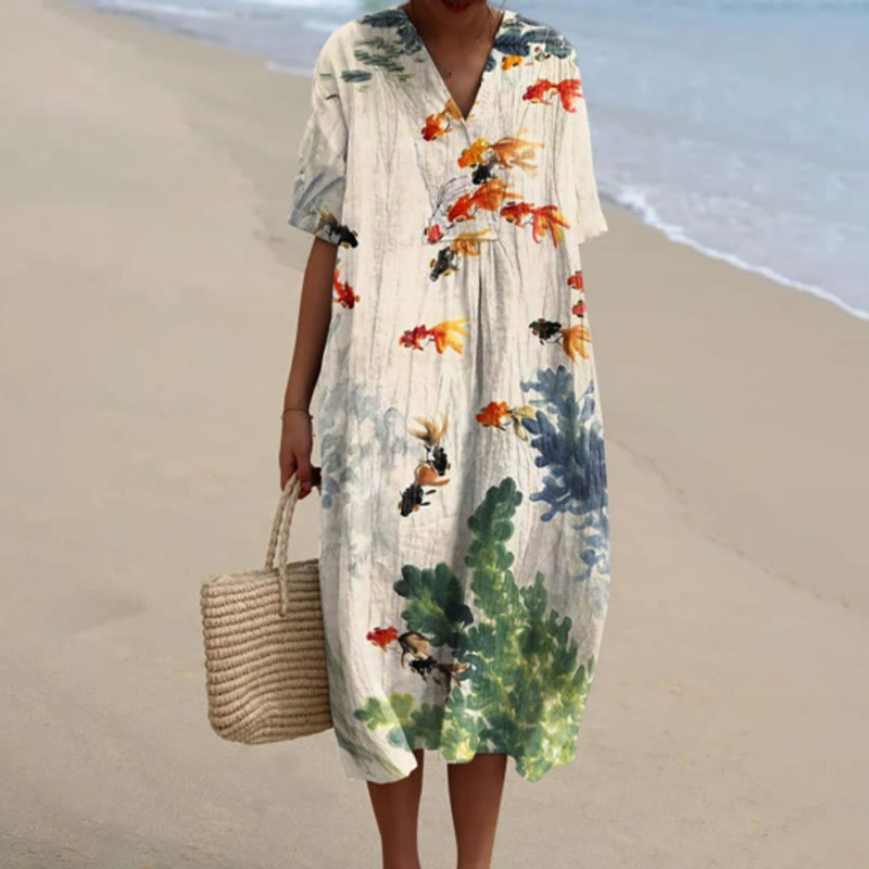 Dashingsoul Women's Watercolor Fish Art Print Short-sleeved Midi Dress