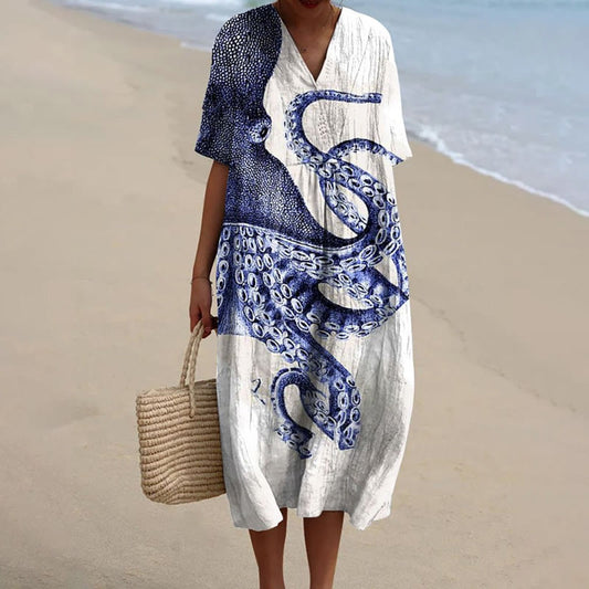 Dashingsoul Women's Oil Painting Octopus Art Print Short-sleeved Midi Dress