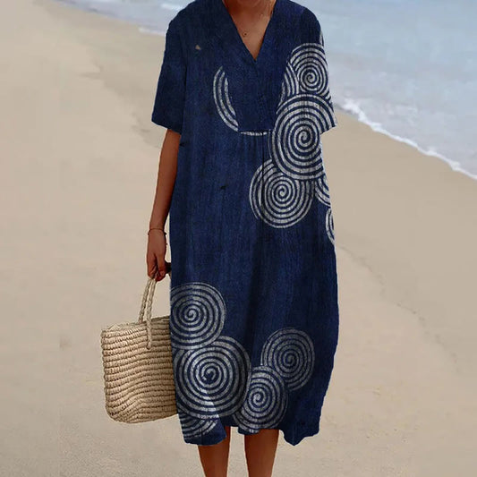 Dashingsoul Women's Simple Fingerprint Shape Art Print Short-sleeved Midi Dress