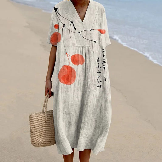 Dashingsoul Vintage Ink Wash Painting V Neck Casual Midi Dress