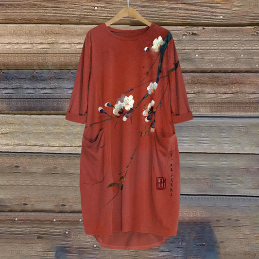 Dashingsoul Vintage Plum Blossom Art Print Crew Neck Dress