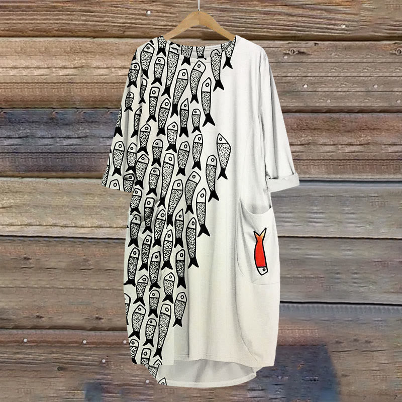 Dashingsoul Cute Simple Lines Abstract Geometric Fish Art Print Crew Neck Dress