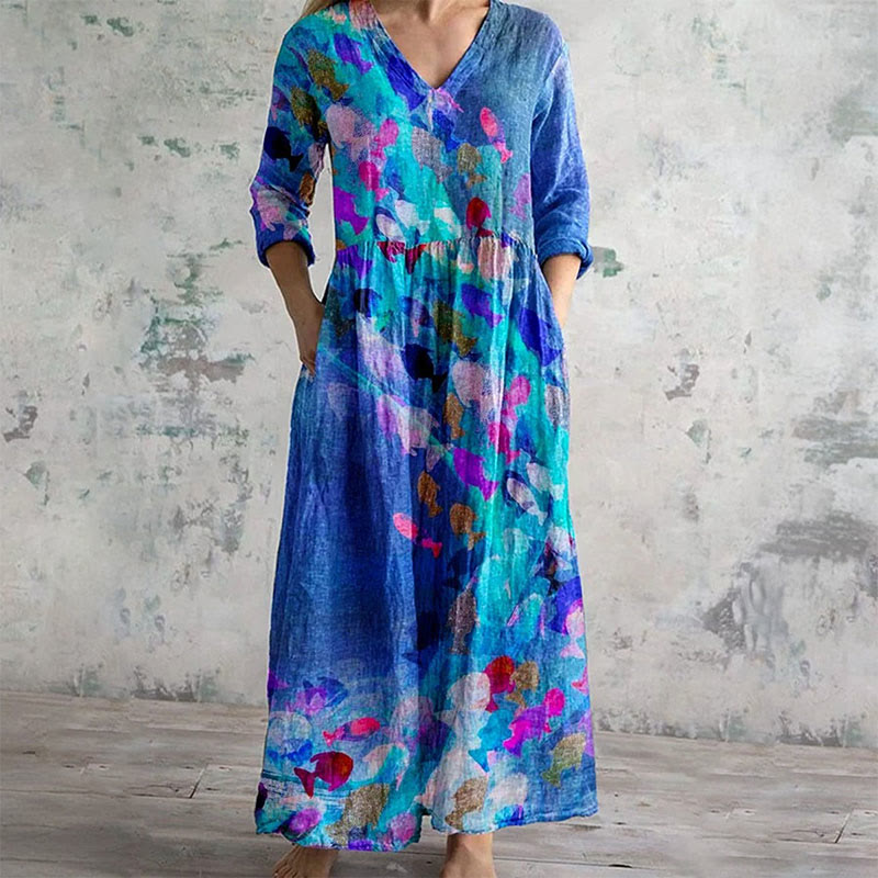 Fantasy Underwater Tropical Fish Print Casual V-neck Dress