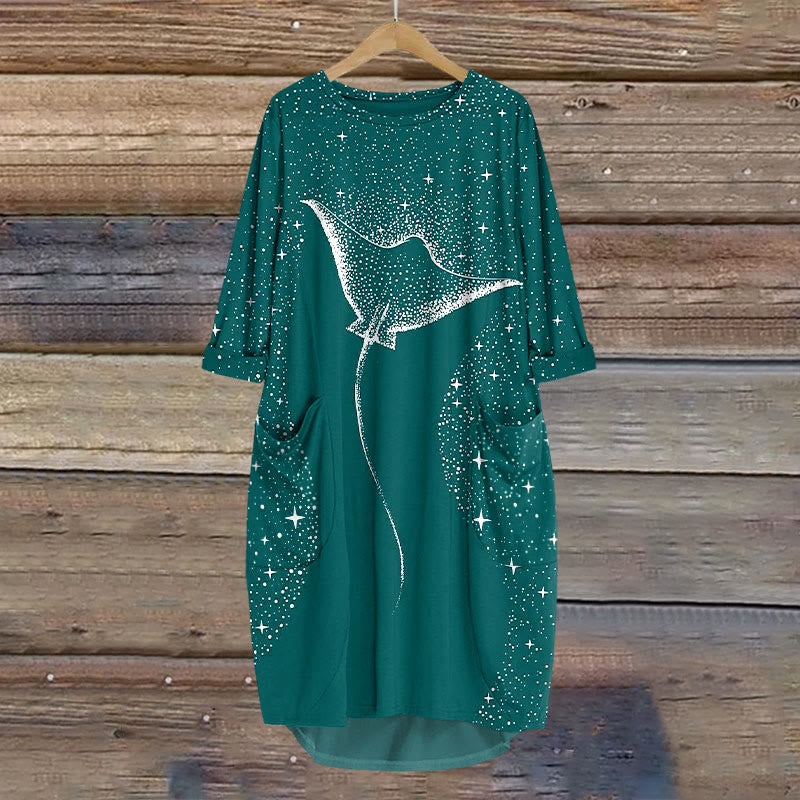 Dashingsoul Starry Spotted Eagle Rays Print Crew Neck Casual Dress