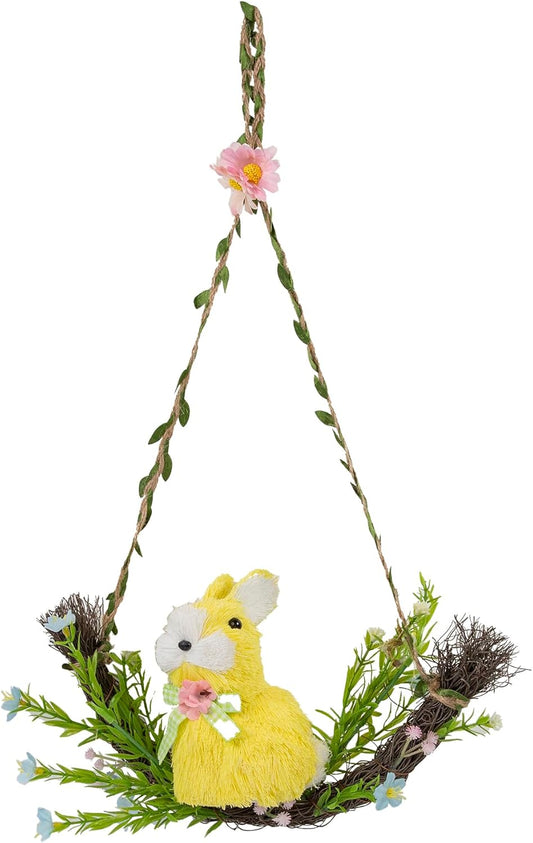 Cartanfill-Easter Bunny Basket Decoration with Flowers, Woven Jute Basket with Handle, Spring Decor with Pastel Eggs (E)
