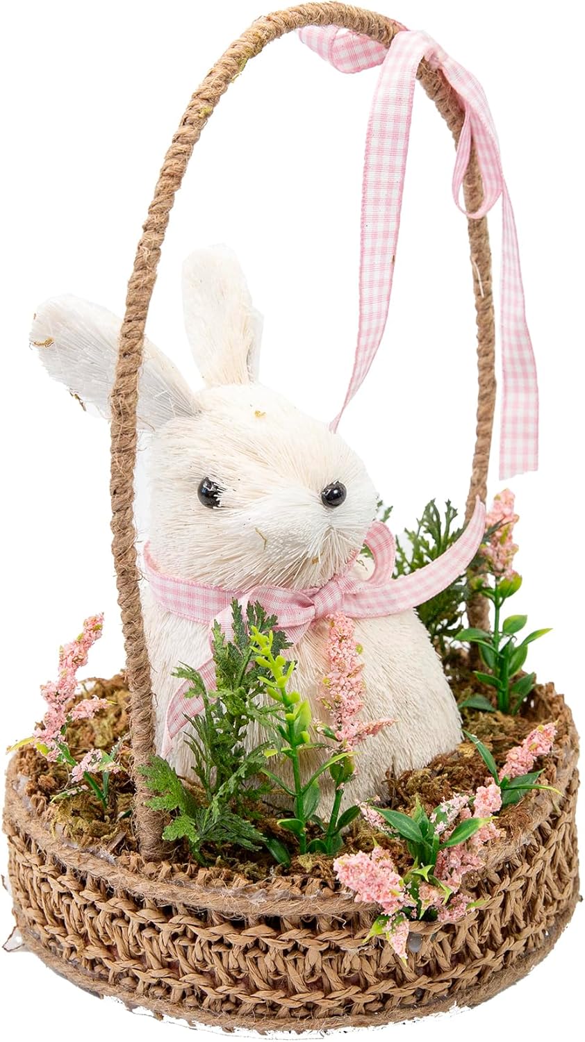 Cartanfill-Easter Bunny Basket Decoration with Flowers, Woven Jute Basket with Handle, Spring Decor with Pastel Eggs (E)