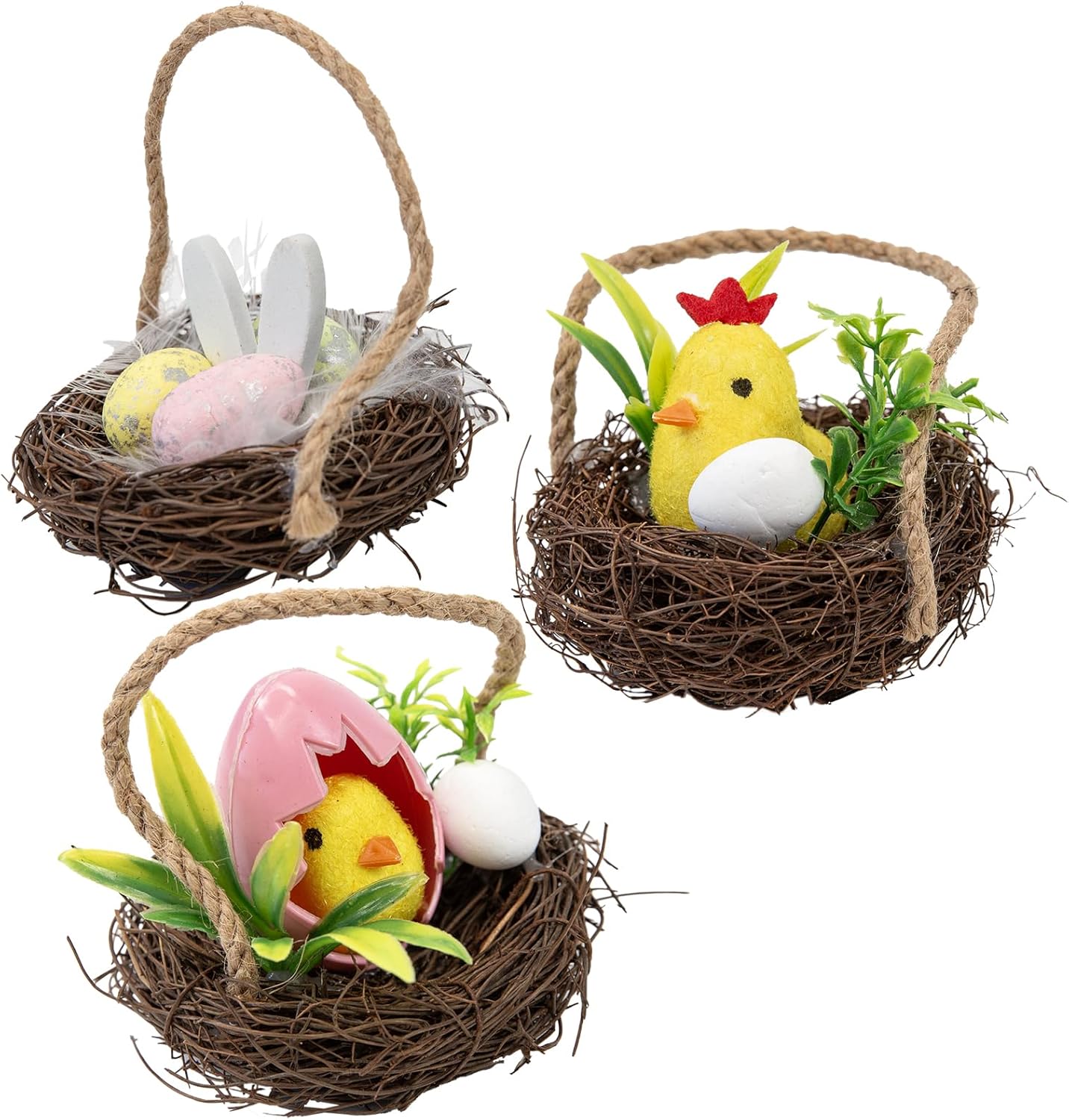 Cartanfill-Easter Bunny Basket Decoration with Flowers, Woven Jute Basket with Handle, Spring Decor with Pastel Eggs (E)
