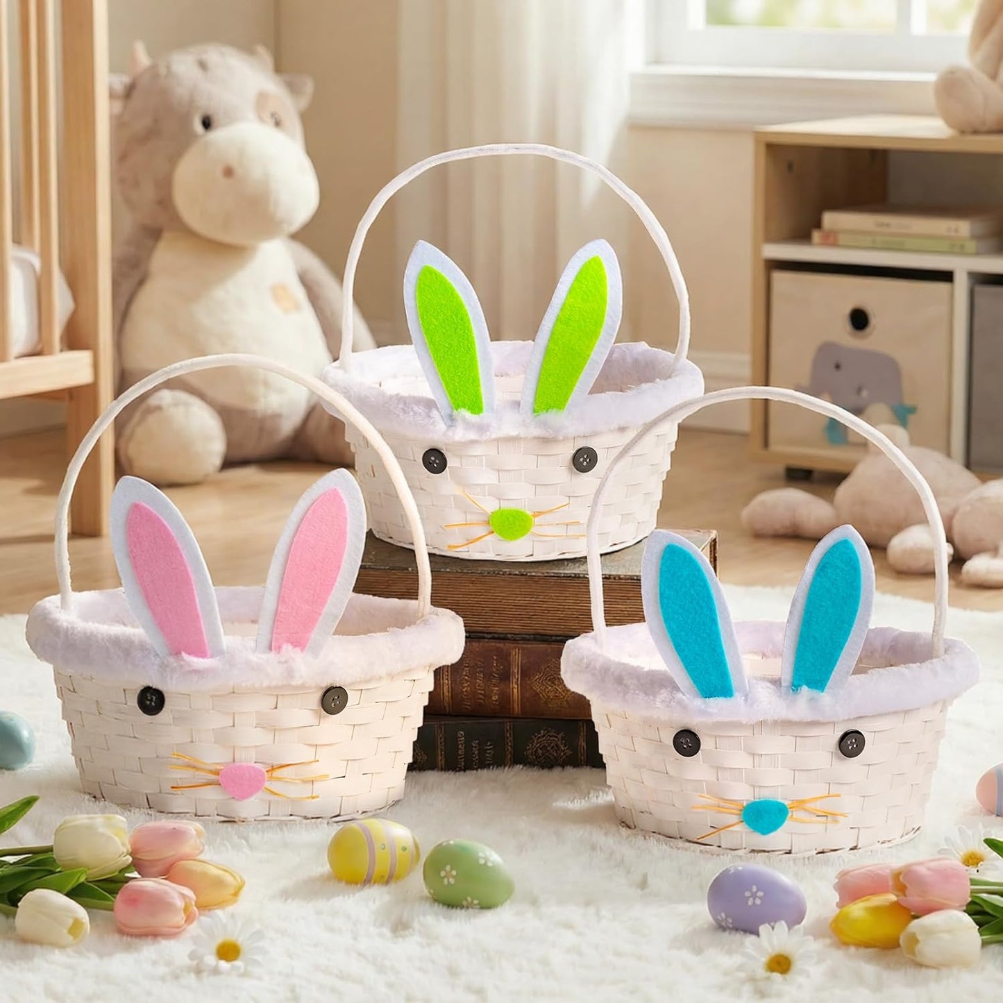 Lanpn Easter Bunny Basket 3 Pcs Paper Woven Set with Easter Grass Fillers Lightweight Reusable for Egg Hunt Candy and Spring Holiday Decoration Woven Basket (Pink White Yellow)