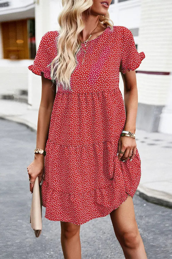 Dot Print Ruffle Sleeve Tiered Mini Dress