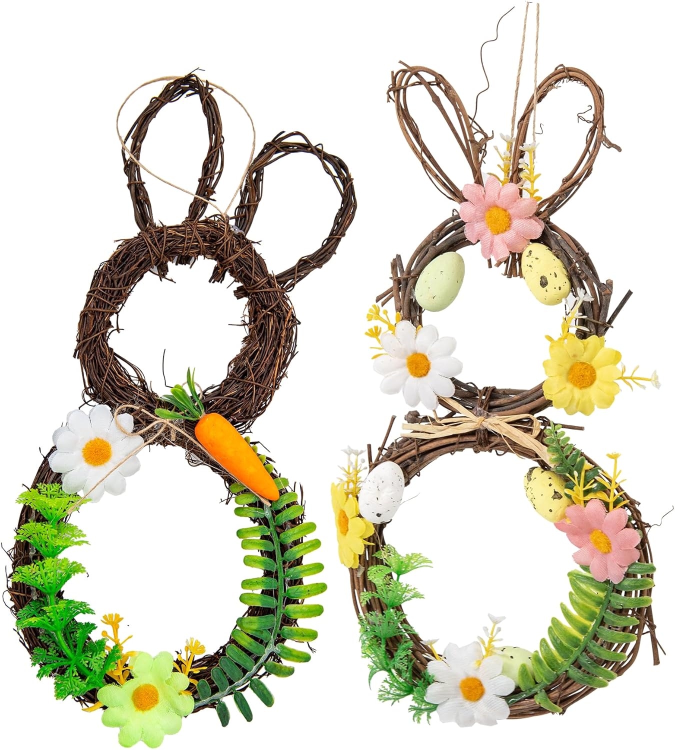 Cartanfill-Easter Bunny Basket Decoration with Flowers, Woven Jute Basket with Handle, Spring Decor with Pastel Eggs (E)