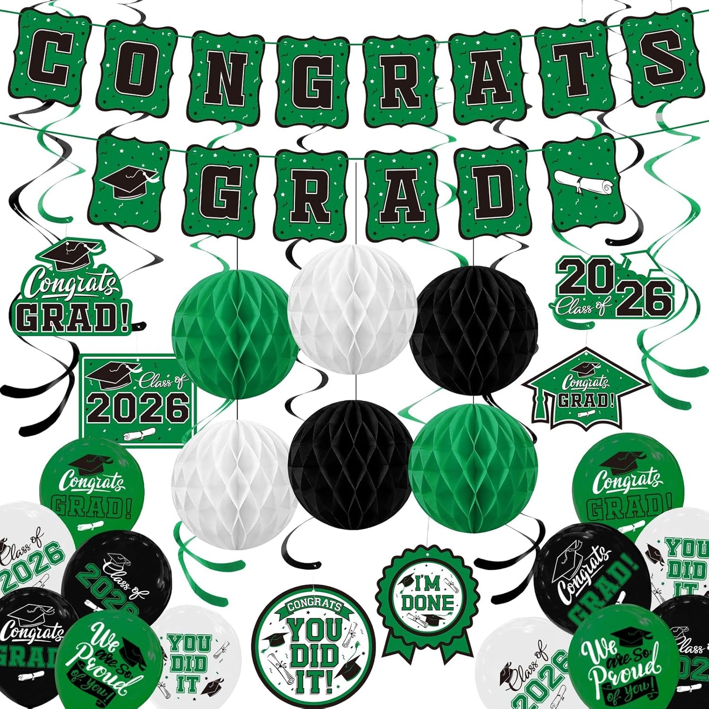 Black and Gold Graduation Party Supplies Kit - Grad Decor Set with Congrats Grad Banner, Class of 2026 Hanging Swirls, Graduation Balloons & Honeycomb Balls - for High School & College Celebrations