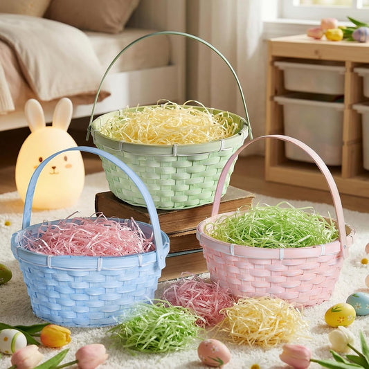 Lanpn Easter Bunny Basket 3 Pcs Paper Woven Set with Easter Grass Fillers Lightweight Reusable for Egg Hunt Candy and Spring Holiday Decoration Woven Basket (Pink White Yellow)