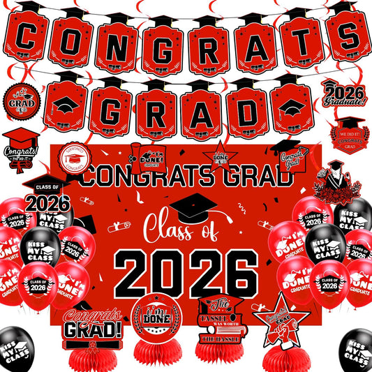 Graduation Decorations 2026 Gold Themed Set - Congrats Grad Banner, Class of 2026 Backdrop, Balloons & Streamers Kit - Complete Party Supplies for High School & College Celebrations