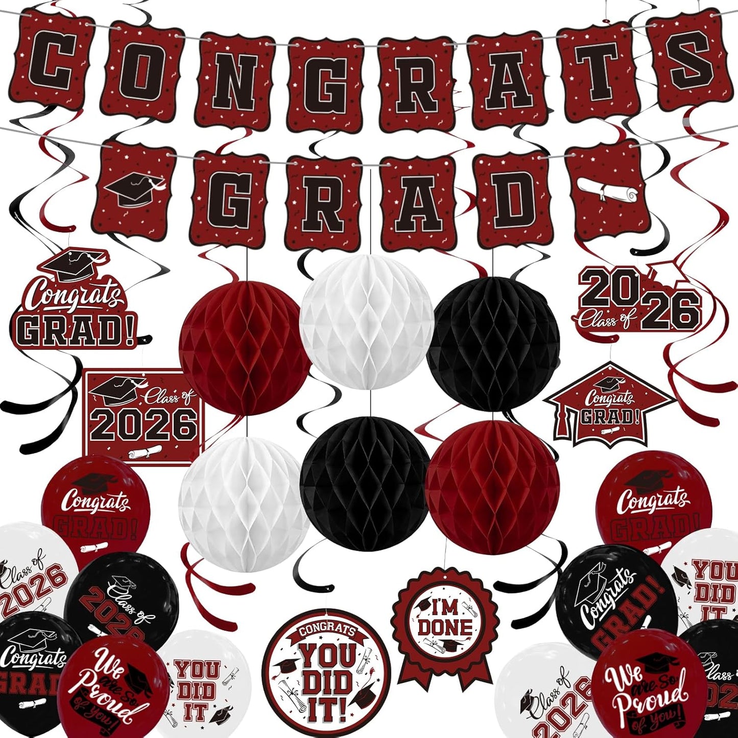 Black and Gold Graduation Party Supplies Kit - Grad Decor Set with Congrats Grad Banner, Class of 2026 Hanging Swirls, Graduation Balloons & Honeycomb Balls - for High School & College Celebrations