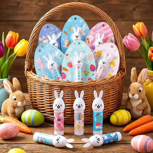 24 Pcs Easter Basket Stuffers Bunny Lip Balm Gifts Bulk Easter Egg Goodie Bag Fillers Spring Christian Church Party Favors for Adult Women Teacher Coworker Beeswax Moisturizing Lip Care