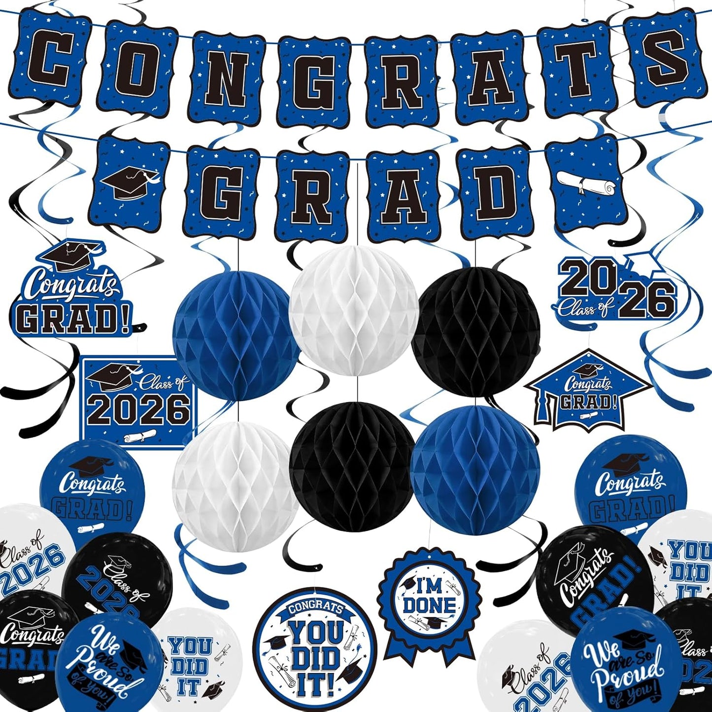 Black and Gold Graduation Party Supplies Kit - Grad Decor Set with Congrats Grad Banner, Class of 2026 Hanging Swirls, Graduation Balloons & Honeycomb Balls - for High School & College Celebrations