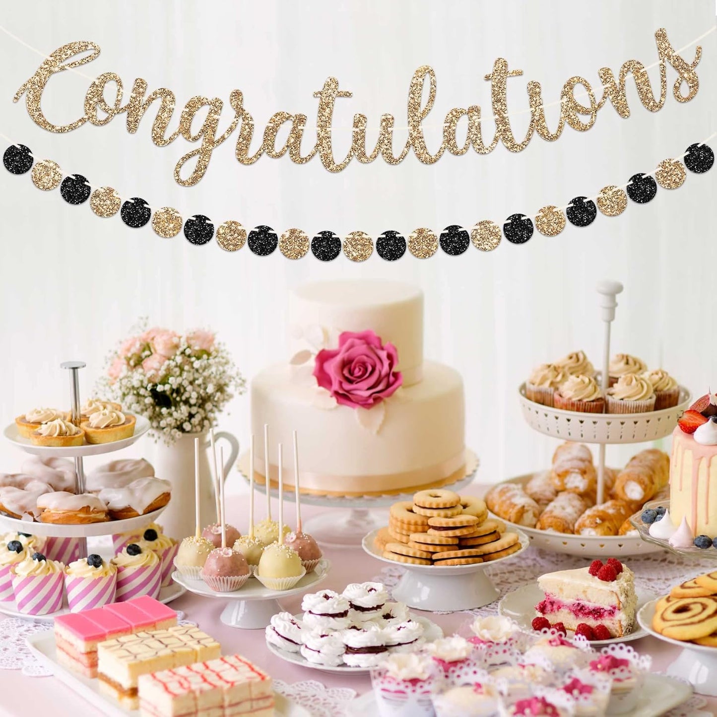Pre-strung Congratulations Banner - No DIY - Gold Glitter Congratulation Banner - Pre-strung Garland on 6 ft Strand - Graduation, Wedding, Retirement Party Decorations & Decor. Did We Mention No DIY