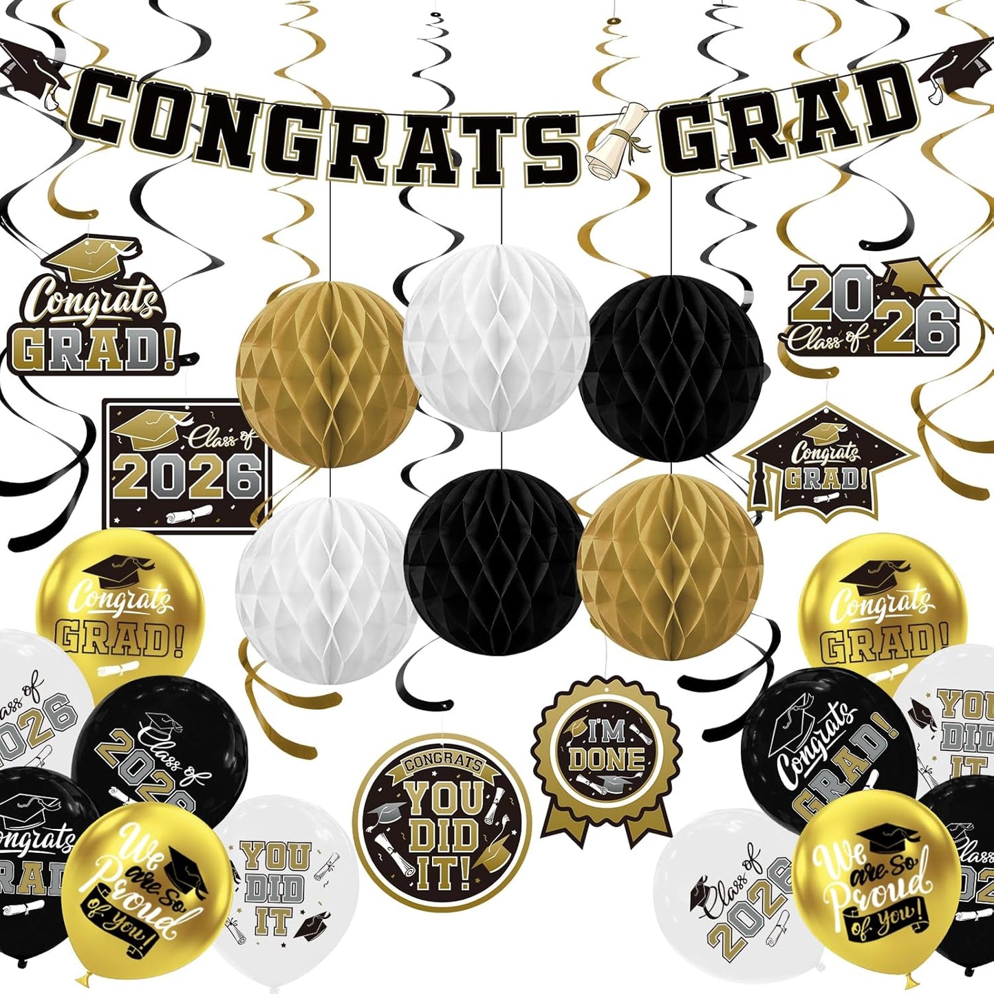 Black and Gold Graduation Party Supplies Kit - Grad Decor Set with Congrats Grad Banner, Class of 2026 Hanging Swirls, Graduation Balloons & Honeycomb Balls - for High School & College Celebrations