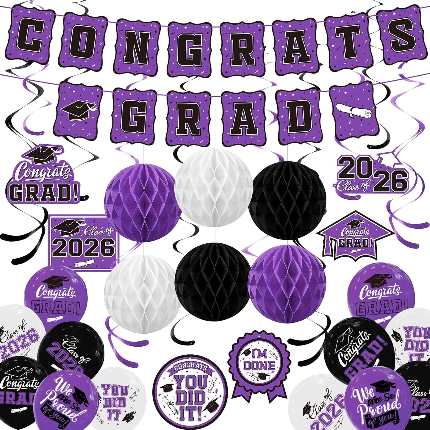 Black and Gold Graduation Party Supplies Kit - Grad Decor Set with Congrats Grad Banner, Class of 2026 Hanging Swirls, Graduation Balloons & Honeycomb Balls - for High School & College Celebrations