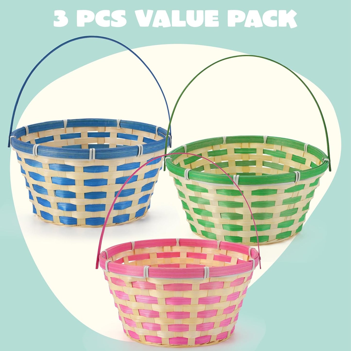 3PCS Easter Bamboo Baskets Empty Toys Gift Woven Goodie Baskets with Handle for Easter Egg Hunt, Kids Party Decor Supplies, Filling with Candy Party Favors,12.8" x 10.6" (Green, Blue, Pink)