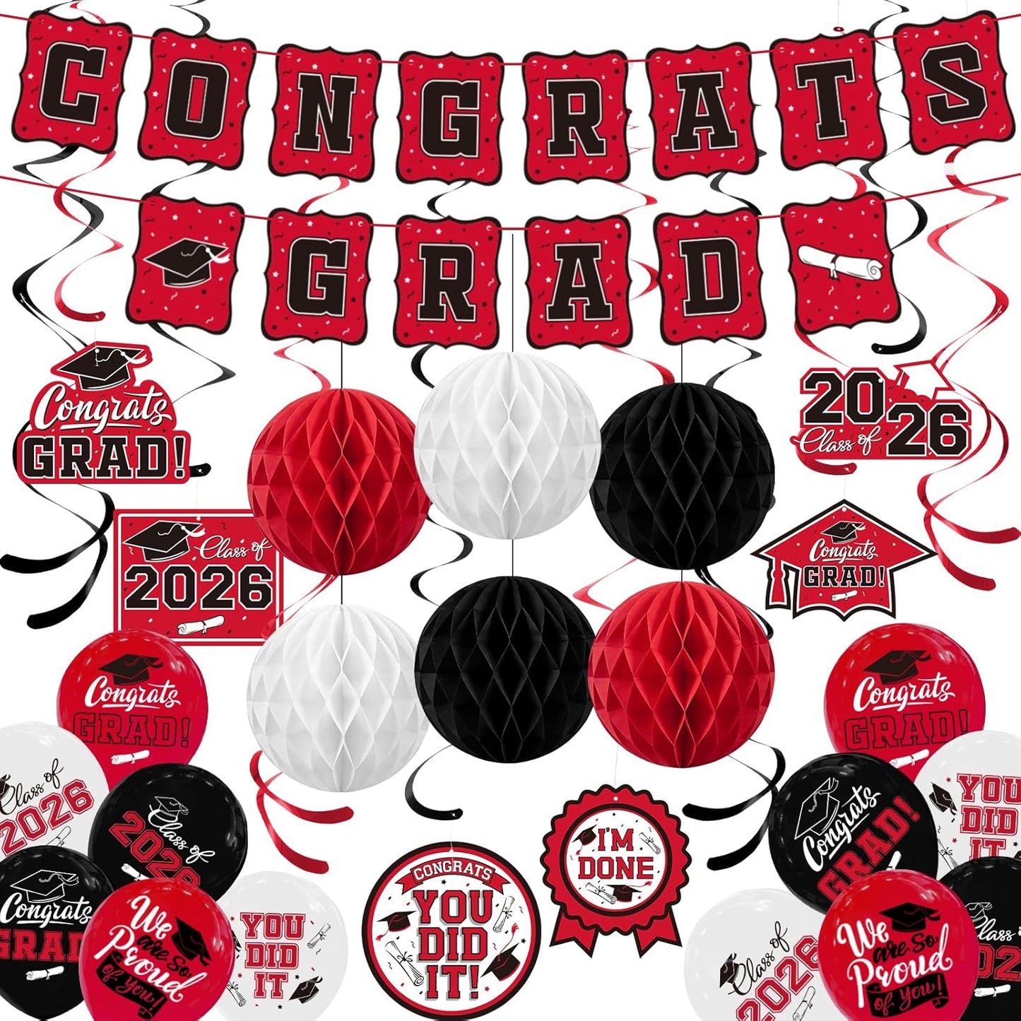 Black and Gold Graduation Party Supplies Kit - Grad Decor Set with Congrats Grad Banner, Class of 2026 Hanging Swirls, Graduation Balloons & Honeycomb Balls - for High School & College Celebrations