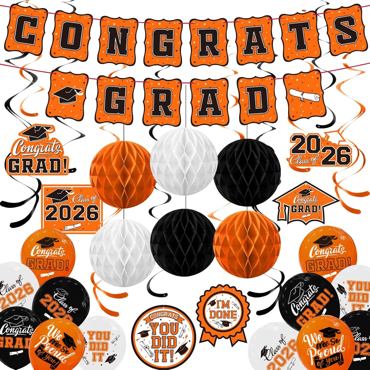Black and Gold Graduation Party Supplies Kit - Grad Decor Set with Congrats Grad Banner, Class of 2026 Hanging Swirls, Graduation Balloons & Honeycomb Balls - for High School & College Celebrations