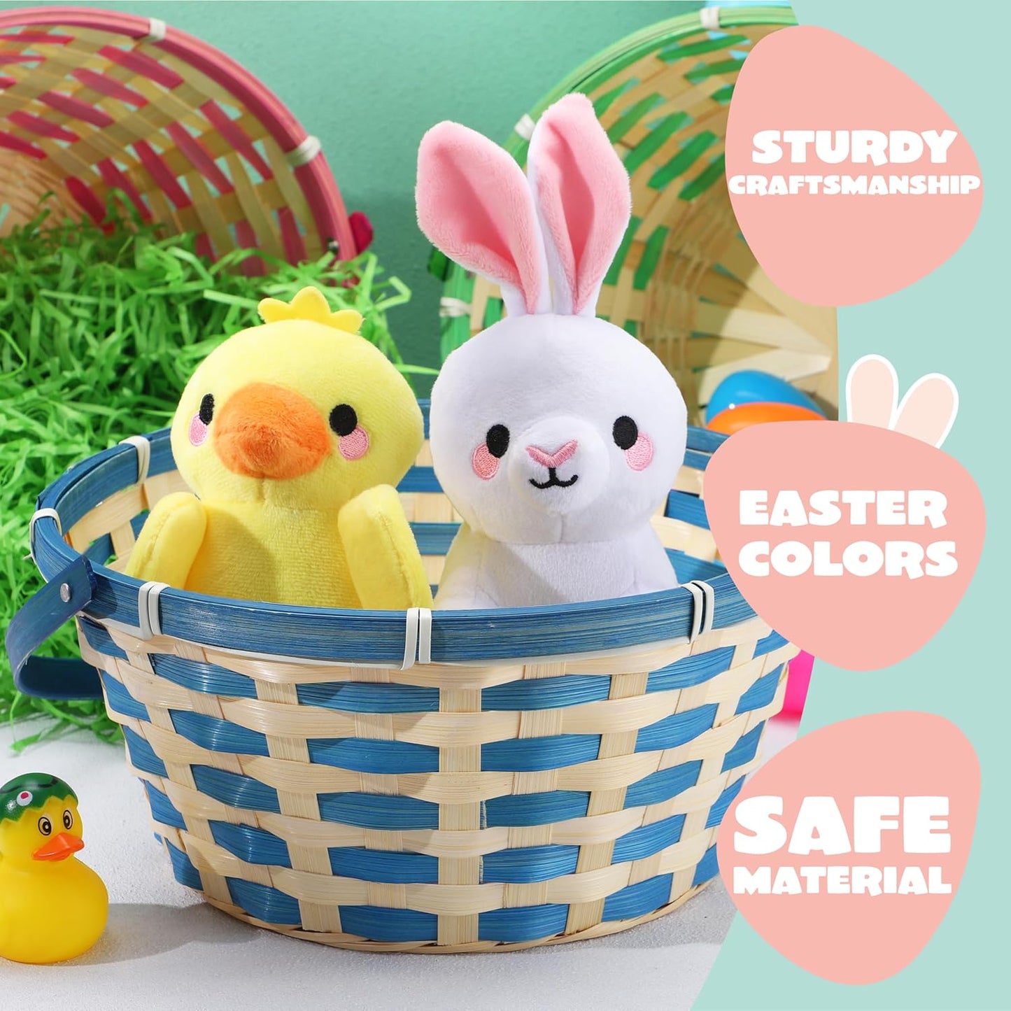 3PCS Easter Bamboo Baskets Empty Toys Gift Woven Goodie Baskets with Handle for Easter Egg Hunt, Kids Party Decor Supplies, Filling with Candy Party Favors,12.8" x 10.6" (Green, Blue, Pink)