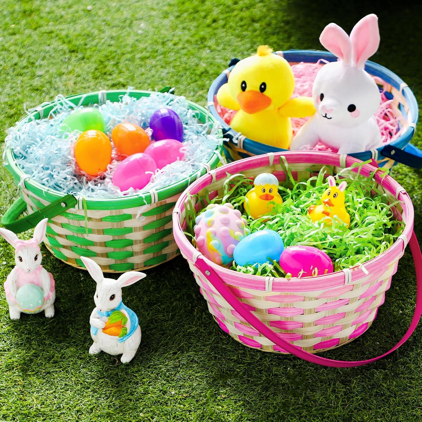 3PCS Easter Bamboo Baskets Empty Toys Gift Woven Goodie Baskets with Handle for Easter Egg Hunt, Kids Party Decor Supplies, Filling with Candy Party Favors,12.8" x 10.6" (Green, Blue, Pink)