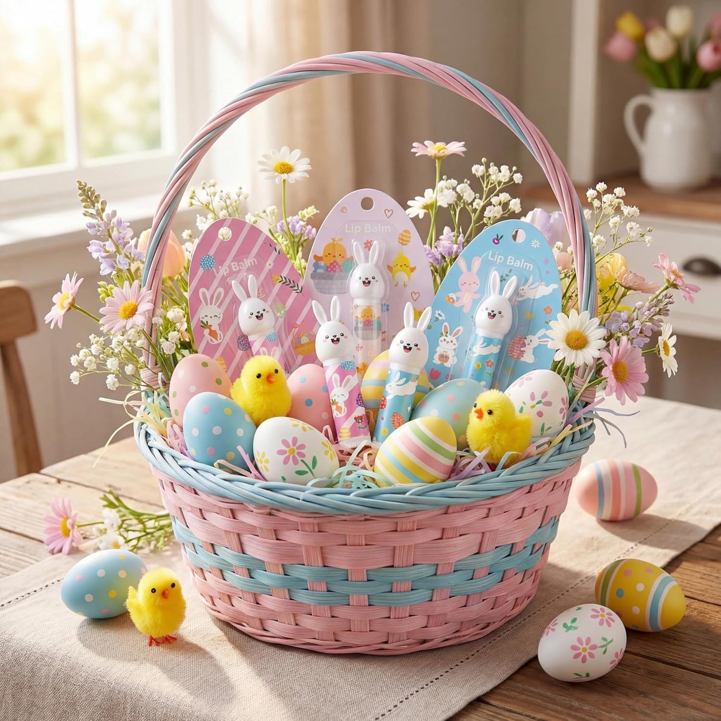 24 Pcs Easter Basket Stuffers Bunny Lip Balm Gifts Bulk Easter Egg Goodie Bag Fillers Spring Christian Church Party Favors for Adult Women Teacher Coworker Beeswax Moisturizing Lip Care
