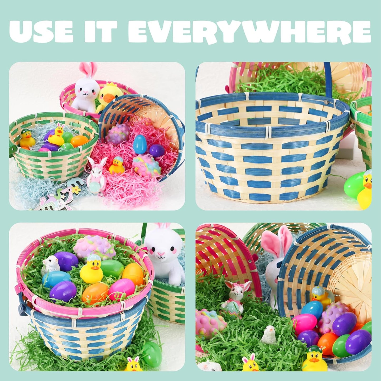 3PCS Easter Bamboo Baskets Empty Toys Gift Woven Goodie Baskets with Handle for Easter Egg Hunt, Kids Party Decor Supplies, Filling with Candy Party Favors,12.8" x 10.6" (Green, Blue, Pink)