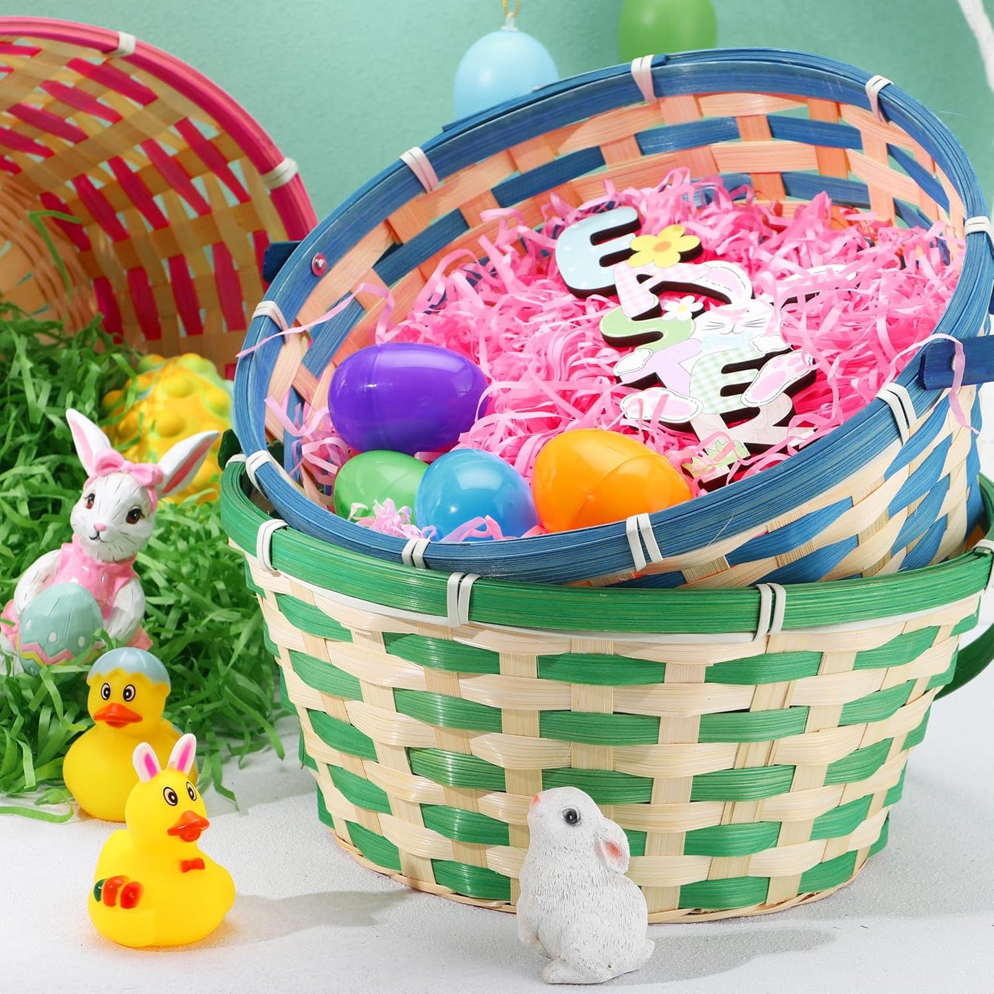 3PCS Easter Bamboo Baskets Empty Toys Gift Woven Goodie Baskets with Handle for Easter Egg Hunt, Kids Party Decor Supplies, Filling with Candy Party Favors,12.8" x 10.6" (Green, Blue, Pink)