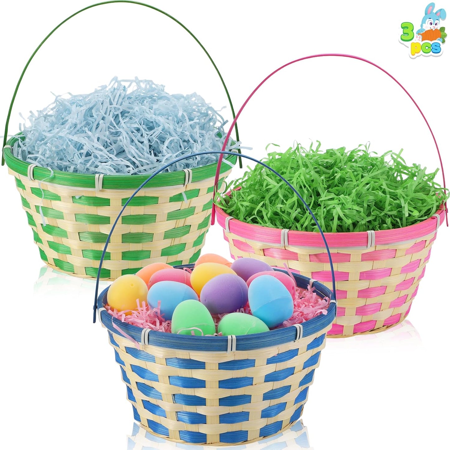 3PCS Easter Bamboo Baskets Empty Toys Gift Woven Goodie Baskets with Handle for Easter Egg Hunt, Kids Party Decor Supplies, Filling with Candy Party Favors,12.8" x 10.6" (Green, Blue, Pink)
