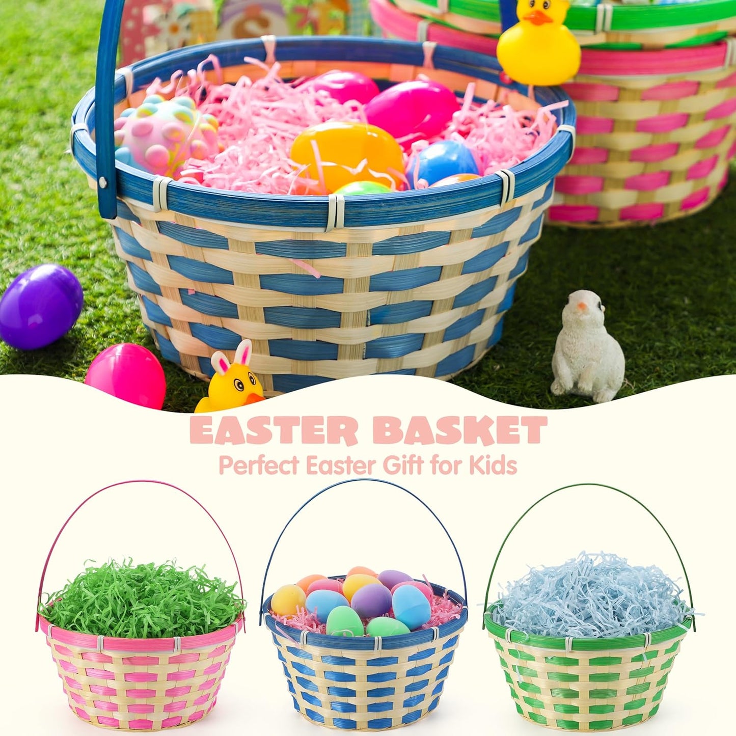 3PCS Easter Bamboo Baskets Empty Toys Gift Woven Goodie Baskets with Handle for Easter Egg Hunt, Kids Party Decor Supplies, Filling with Candy Party Favors,12.8" x 10.6" (Green, Blue, Pink)