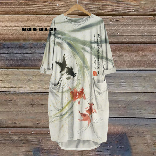 Dashingsoul Two Goldfish And One Black Fish Ink Painting Art Print Crew Neck Casual Dress