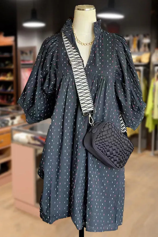 Polka Dot Print Bubble Sleeve V-Neck Midi Dress